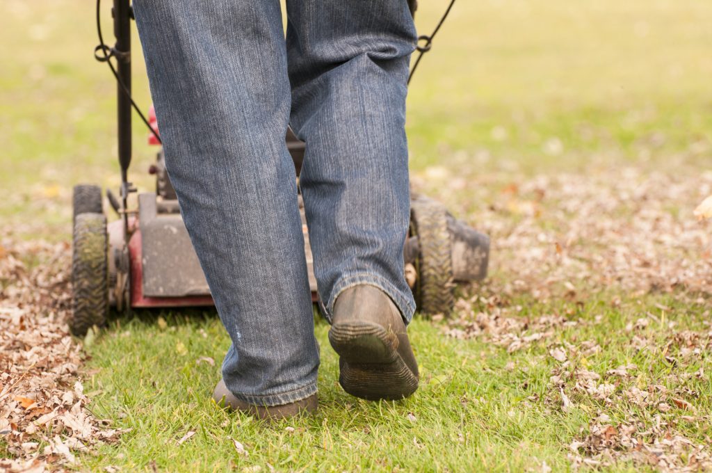 mower being pushed by man